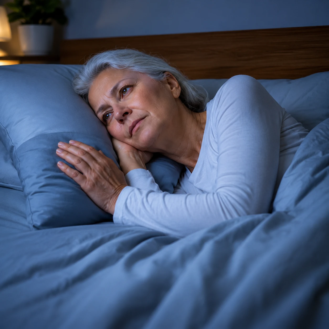 Woman lying awake in bed