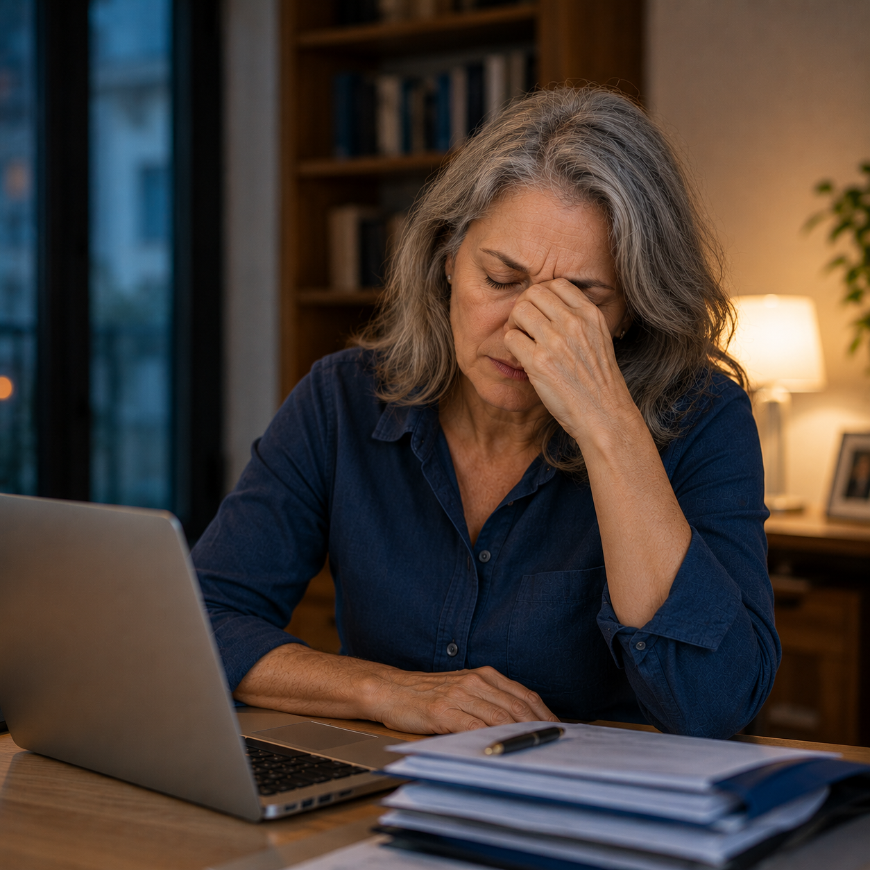 Woman feeling tired while working at a laptop