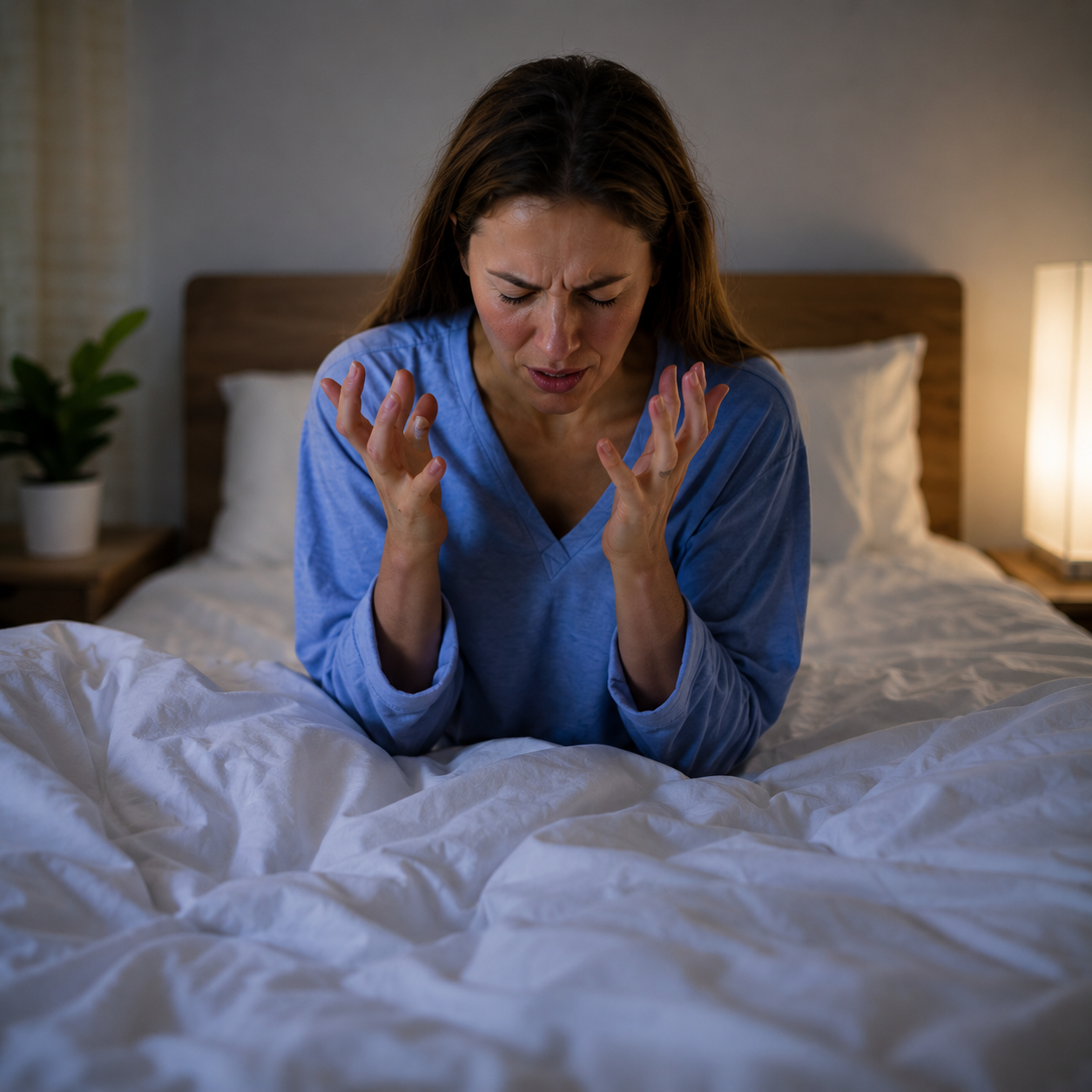Woman sitting in bed feeling stressed