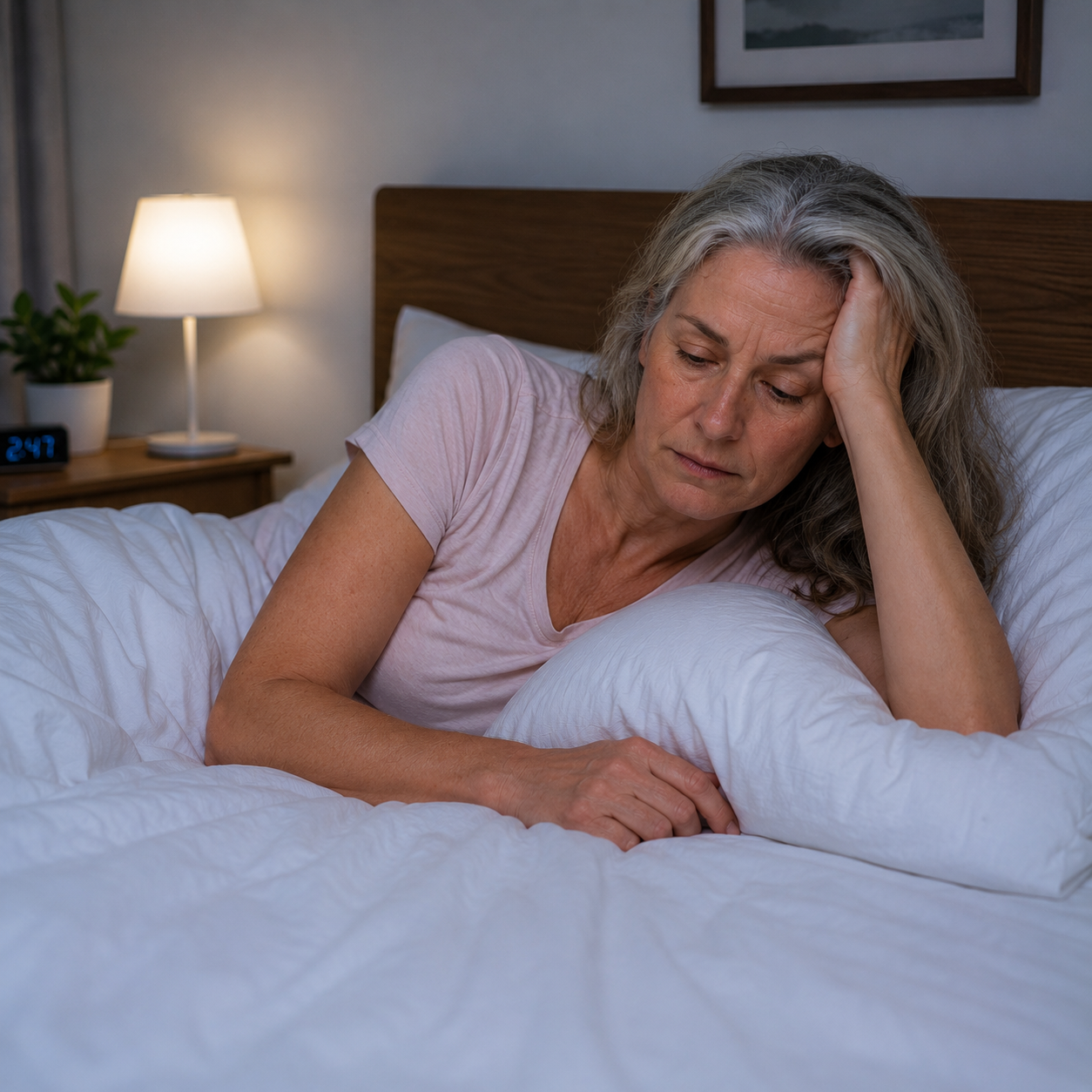 Woman lying awake under sheets