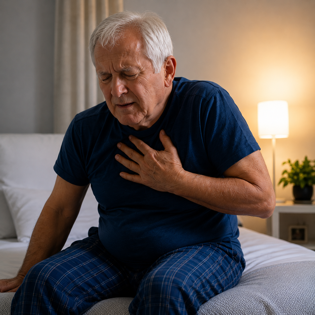 Man sitting on bed holding his chest